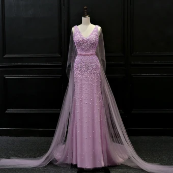 Luxury Gorgeous Lilac Evening Dresses 2018 Trumpet Mermaid V Neck Sleeveless Beading Sash Watteau Train Ruffle Backless Formal Dresses