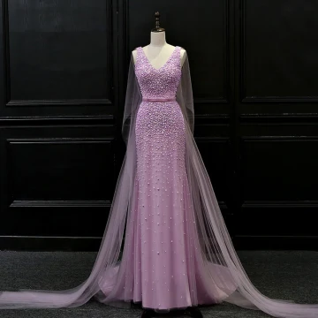 Luxe Lilas Robe De Soirée 2018 Trompette Sirène V Cou Sans Manches Perlage Ceinture Watteau Train Volants Dos Nu Robe De Ceremonie