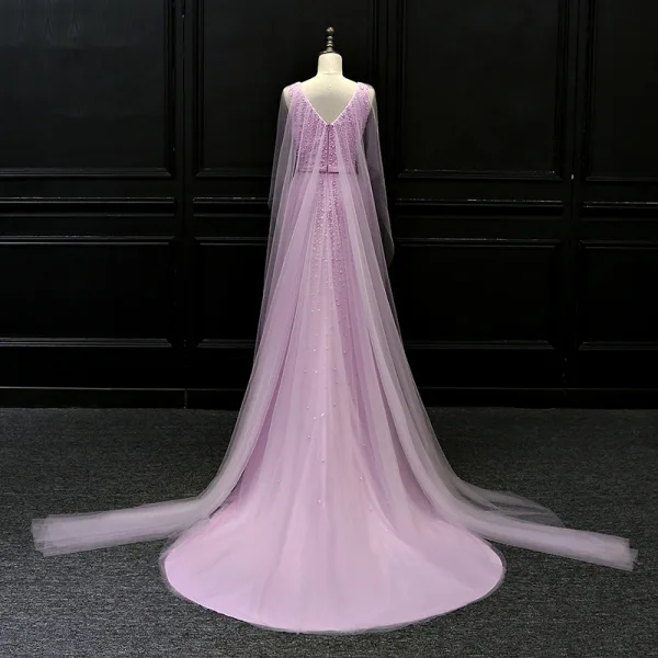 Luxury / Gorgeous Lilac Evening Dresses 2018 Trumpet / Mermaid V-Neck Sleeveless Beading Sash Watteau Train Ruffle Backless Formal Dresses