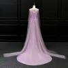 Luxury / Gorgeous Lilac Evening Dresses  2018 Trumpet / Mermaid V-Neck Sleeveless Beading Sash Watteau Train Ruffle Backless Formal Dresses