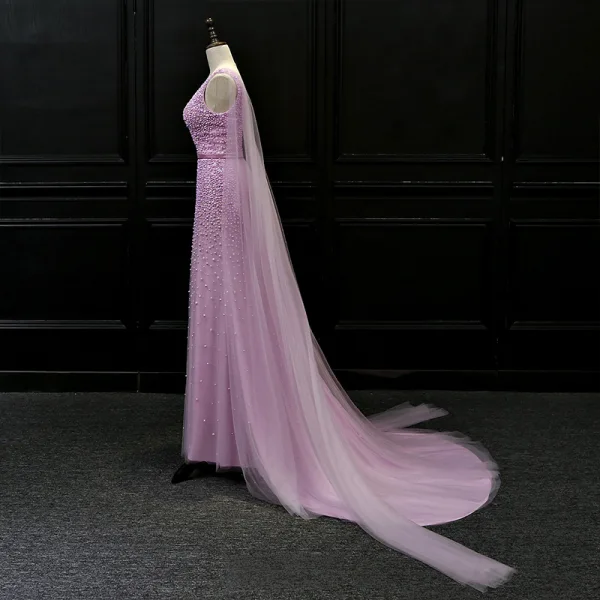 Luxury / Gorgeous Lilac Evening Dresses 2018 Trumpet / Mermaid V-Neck Sleeveless Beading Sash Watteau Train Ruffle Backless Formal Dresses