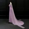 Luxury / Gorgeous Lilac Evening Dresses  2018 Trumpet / Mermaid V-Neck Sleeveless Beading Sash Watteau Train Ruffle Backless Formal Dresses