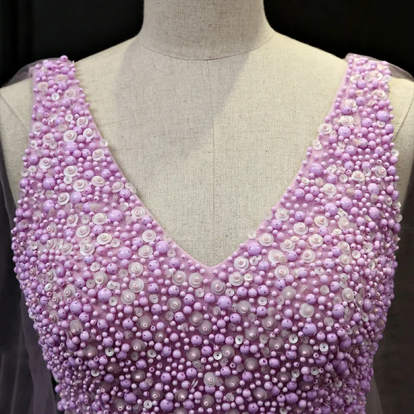 Luxury / Gorgeous Lilac Evening Dresses 2018 Trumpet / Mermaid V-Neck Sleeveless Beading Sash Watteau Train Ruffle Backless Formal Dresses