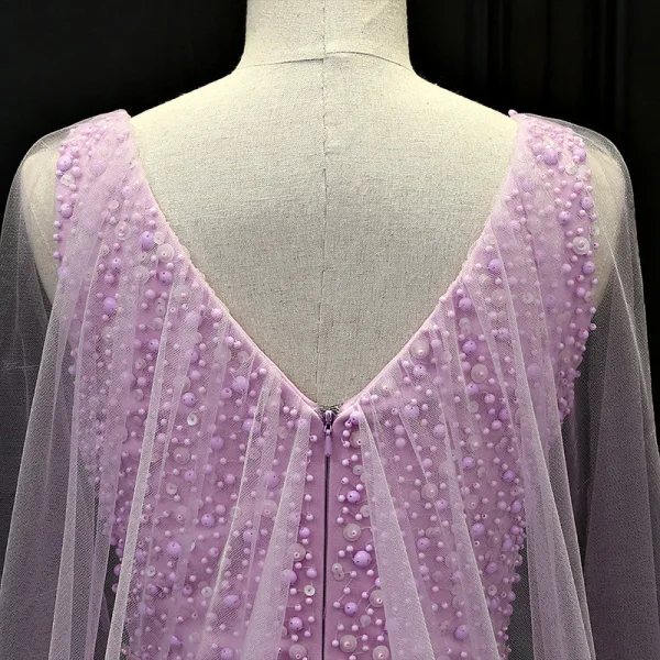Luxury / Gorgeous Lilac Evening Dresses 2018 Trumpet / Mermaid V-Neck Sleeveless Beading Sash Watteau Train Ruffle Backless Formal Dresses