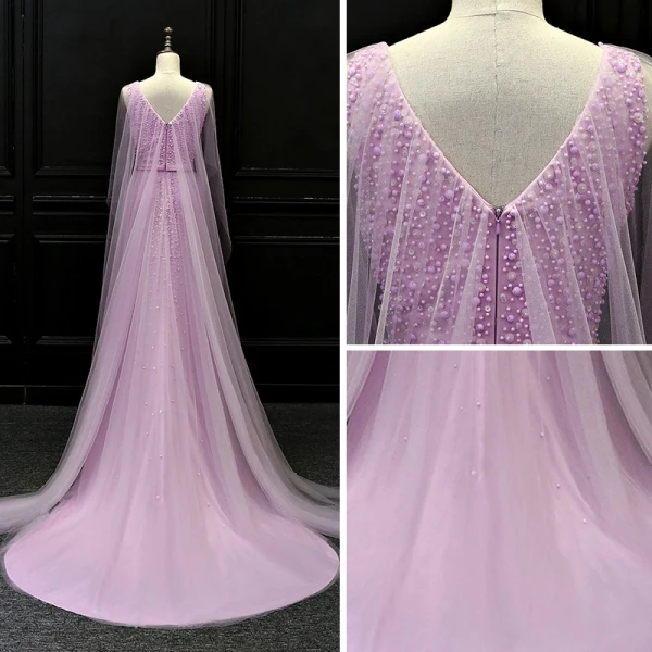 Luxury / Gorgeous Lilac Evening Dresses 2018 Trumpet / Mermaid V-Neck Sleeveless Beading Sash Watteau Train Ruffle Backless Formal Dresses