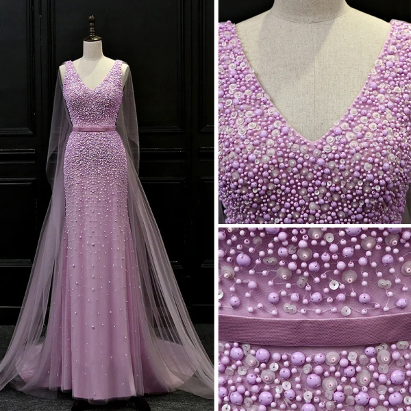 Luxury / Gorgeous Lilac Evening Dresses 2018 Trumpet / Mermaid V-Neck Sleeveless Beading Sash Watteau Train Ruffle Backless Formal Dresses