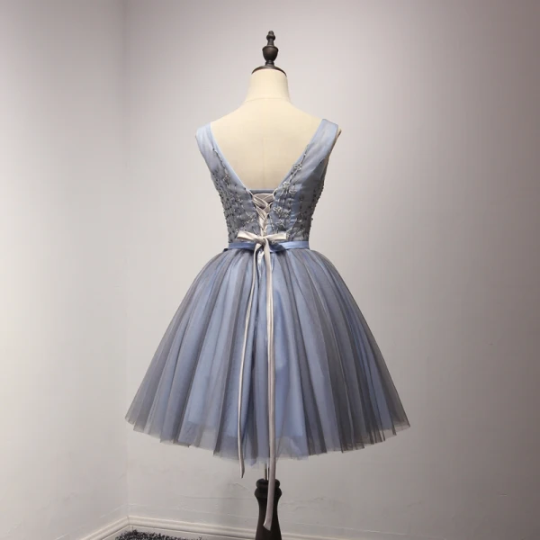 Schöne Marineblau Partykleider 2017 Ballkleid V-Ausschnitt Ärmellos Applikationen Blumen Perlenstickerei Pailletten Kurze Rüschen Rückenfreies Festliche Kleider
