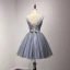 Schöne Marineblau Partykleider 2017 Ballkleid V-Ausschnitt Ärmellos Applikationen Blumen Perlenstickerei Pailletten Kurze Rüschen Rückenfreies Festliche Kleider