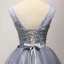 Schöne Marineblau Partykleider 2017 Ballkleid V-Ausschnitt Ärmellos Applikationen Blumen Perlenstickerei Pailletten Kurze Rüschen Rückenfreies Festliche Kleider