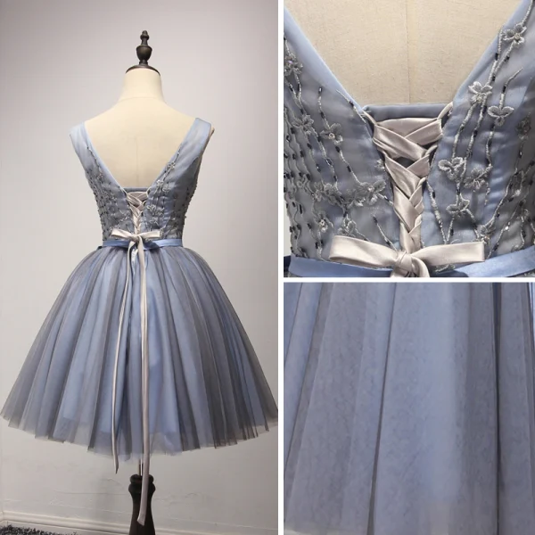 Schöne Marineblau Partykleider 2017 Ballkleid V-Ausschnitt Ärmellos Applikationen Blumen Perlenstickerei Pailletten Kurze Rüschen Rückenfreies Festliche Kleider