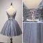 Schöne Marineblau Partykleider 2017 Ballkleid V-Ausschnitt Ärmellos Applikationen Blumen Perlenstickerei Pailletten Kurze Rüschen Rückenfreies Festliche Kleider