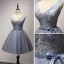Schöne Marineblau Partykleider 2017 Ballkleid V-Ausschnitt Ärmellos Applikationen Blumen Perlenstickerei Pailletten Kurze Rüschen Rückenfreies Festliche Kleider