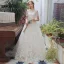 Chic / Beautiful Champagne Beach Pierced Wedding Dresses 2018 A-Line / Princess Scoop Neck Short Sleeve Backless Appliques Lace Ruffle Court Train