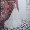 Chic / Beautiful Champagne Beach Pierced Wedding Dresses 2018 A-Line / Princess Scoop Neck Short Sleeve Backless Appliques Lace Ruffle Court Train