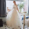 Chic / Beautiful Champagne Beach Pierced Wedding Dresses 2018 A-Line / Princess Scoop Neck Short Sleeve Backless Appliques Lace Ruffle Court Train