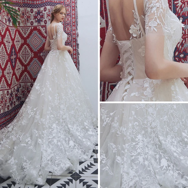 Chic / Beautiful Champagne Beach Pierced Wedding Dresses 2018 A-Line / Princess Scoop Neck Short Sleeve Backless Appliques Lace Ruffle Court Train