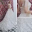 Chic / Beautiful Champagne Beach Pierced Wedding Dresses 2018 A-Line / Princess Scoop Neck Short Sleeve Backless Appliques Lace Ruffle Court Train