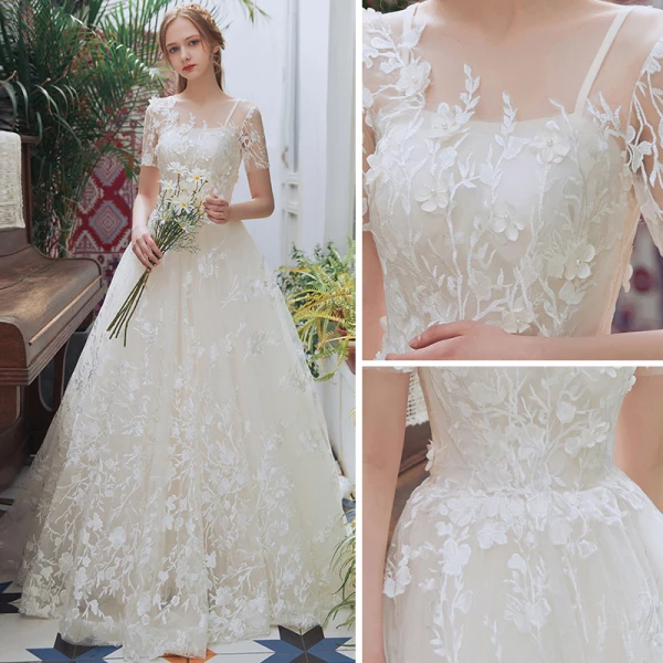 Chic / Beautiful Champagne Beach Pierced Wedding Dresses 2018 A-Line / Princess Scoop Neck Short Sleeve Backless Appliques Lace Ruffle Court Train