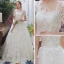 Chic / Beautiful Champagne Beach Pierced Wedding Dresses 2018 A-Line / Princess Scoop Neck Short Sleeve Backless Appliques Lace Ruffle Court Train