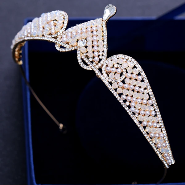 Fine Champagne Gull Tiara 2018 Metall Krystall Rhinestone Perle Hjerteformet Tilbehør