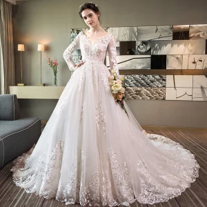 Chic Beautiful White Pierced Wedding Dresses 2018 A Line Princess V Neck Long Sleeve Backless Appliques Lace Ruffle Cathedral Train