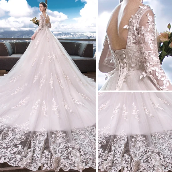 Chic / Belle Blanche Percé Robe De Mariée 2018 Princesse V-Cou Manches Longues Dos Nu Appliques En Dentelle Volants Cathedral Train