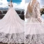 Chic / Belle Blanche Percé Robe De Mariée 2018 Princesse V-Cou Manches Longues Dos Nu Appliques En Dentelle Volants Cathedral Train