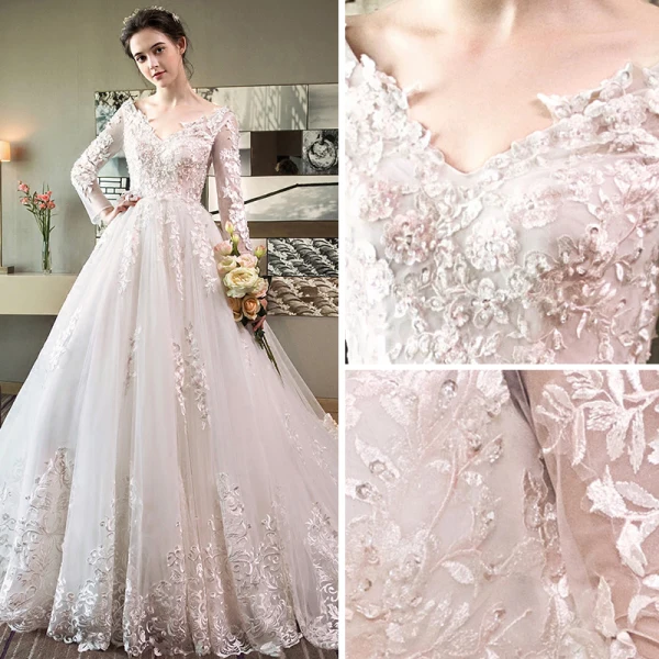 Chic / Belle Blanche Percé Robe De Mariée 2018 Princesse V-Cou Manches Longues Dos Nu Appliques En Dentelle Volants Cathedral Train
