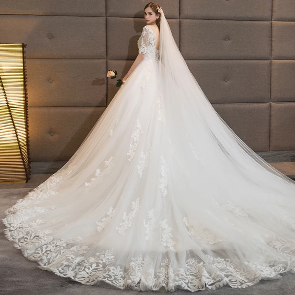 Chic / Beautiful White Wedding Dresses 2018 A-Line / Princess V-Neck 1/2 Sleeves Backless Appliques Lace Pearl Ruffle Cathedral Train