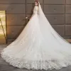Chic / Beautiful White Wedding Dresses 2018 A-Line / Princess V-Neck 1/2 Sleeves Backless Appliques Lace Pearl Ruffle Cathedral Train
