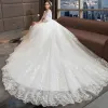 Chic / Beautiful White Wedding Dresses 2018 A-Line / Princess V-Neck 1/2 Sleeves Backless Appliques Lace Pearl Ruffle Cathedral Train