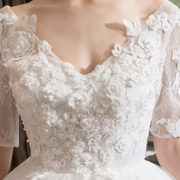 Chic / Beautiful White Wedding Dresses 2018 A-Line / Princess V-Neck 1/2 Sleeves Backless Appliques Lace Pearl Ruffle Cathedral Train