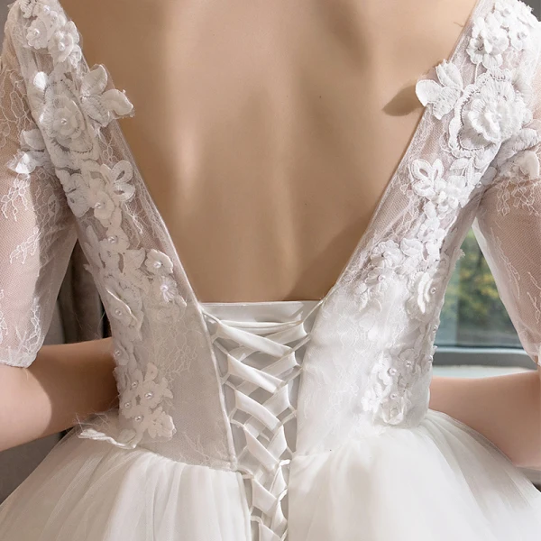 Chic / Beautiful White Wedding Dresses 2018 A-Line / Princess V-Neck 1/2 Sleeves Backless Appliques Lace Pearl Ruffle Cathedral Train