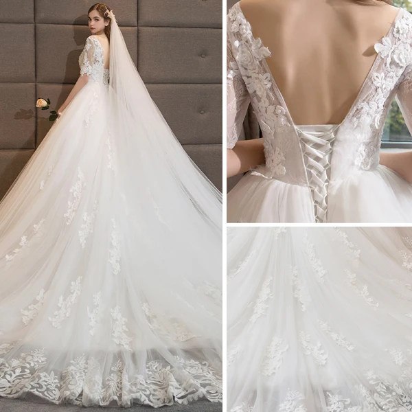 Chic / Beautiful White Wedding Dresses 2018 A-Line / Princess V-Neck 1/2 Sleeves Backless Appliques Lace Pearl Ruffle Cathedral Train