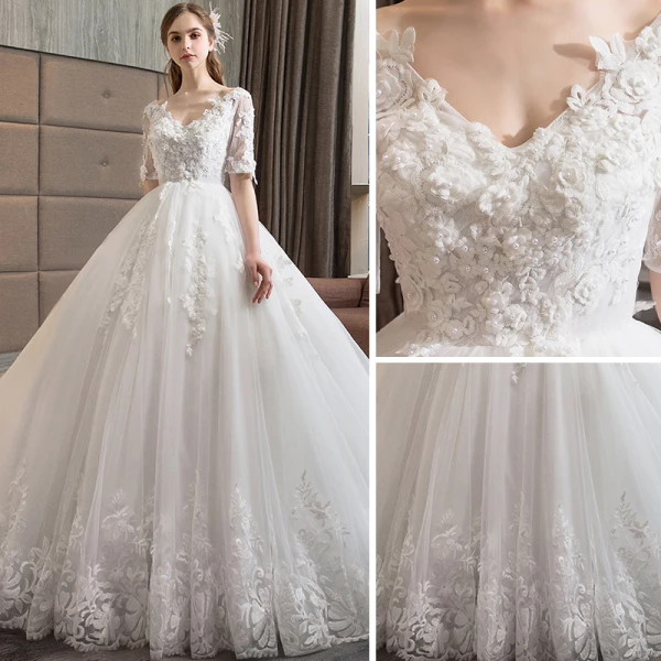 Chic / Beautiful White Wedding Dresses 2018 A-Line / Princess V-Neck 1/2 Sleeves Backless Appliques Lace Pearl Ruffle Cathedral Train