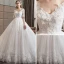 Chic / Beautiful White Wedding Dresses 2018 A-Line / Princess V-Neck 1/2 Sleeves Backless Appliques Lace Pearl Ruffle Cathedral Train