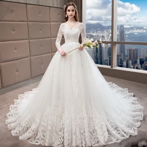 Chic Beautiful White Wedding Dresses 2018 A Line Princess V Neck Pierced Long Sleeve Backless Appliques Lace Beading Ruffle Cathedral Train