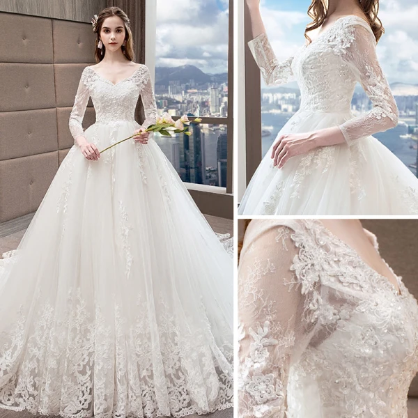 Snygga / Fina Vita Bröllopsklänningar 2018 Prinsessa V-Hals Pierced Långärmad Halterneck Appliqués Spets Beading Ruffle Cathedral Train