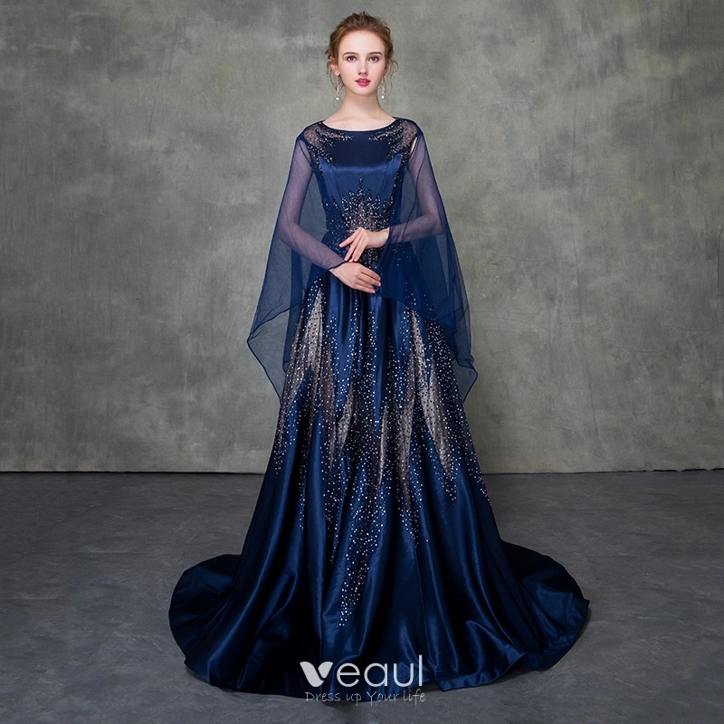 Luxury Gorgeous Royal Blue Pierced Evening Dresses Detachable With Shawl 2018 A Line Princess Scoop Neck Cap Sleeves Glitter Rhinestone Court Train Ruffle Formal Dresses