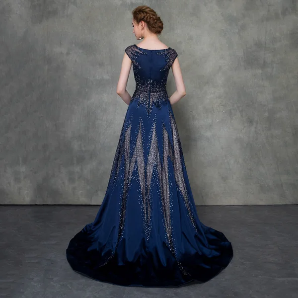 Luxury / Gorgeous Royal Blue Pierced Evening Dresses Detachable With Shawl 2018 A-Line / Princess Scoop Neck Cap Sleeves Glitter Rhinestone Court Train Ruffle Formal Dresses