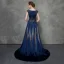 Luxury / Gorgeous Royal Blue Pierced Evening Dresses  Detachable With Shawl 2018 A-Line / Princess Scoop Neck Cap Sleeves Glitter Rhinestone Court Train Ruffle Formal Dresses