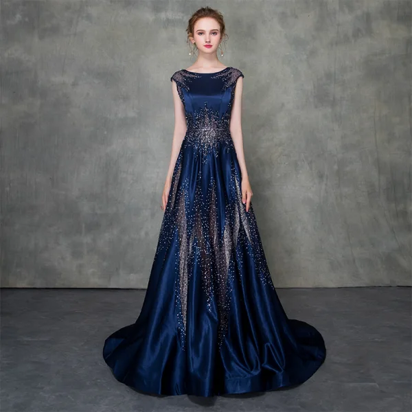 Luxury / Gorgeous Royal Blue Pierced Evening Dresses Detachable With Shawl 2018 A-Line / Princess Scoop Neck Cap Sleeves Glitter Rhinestone Court Train Ruffle Formal Dresses