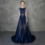 Luxury / Gorgeous Royal Blue Pierced Evening Dresses  Detachable With Shawl 2018 A-Line / Princess Scoop Neck Cap Sleeves Glitter Rhinestone Court Train Ruffle Formal Dresses