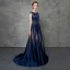 Luxury / Gorgeous Royal Blue Pierced Evening Dresses  Detachable With Shawl 2018 A-Line / Princess Scoop Neck Cap Sleeves Glitter Rhinestone Court Train Ruffle Formal Dresses