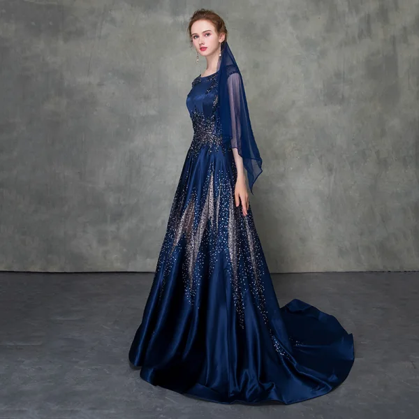 Luxury / Gorgeous Royal Blue Pierced Evening Dresses Detachable With Shawl 2018 A-Line / Princess Scoop Neck Cap Sleeves Glitter Rhinestone Court Train Ruffle Formal Dresses