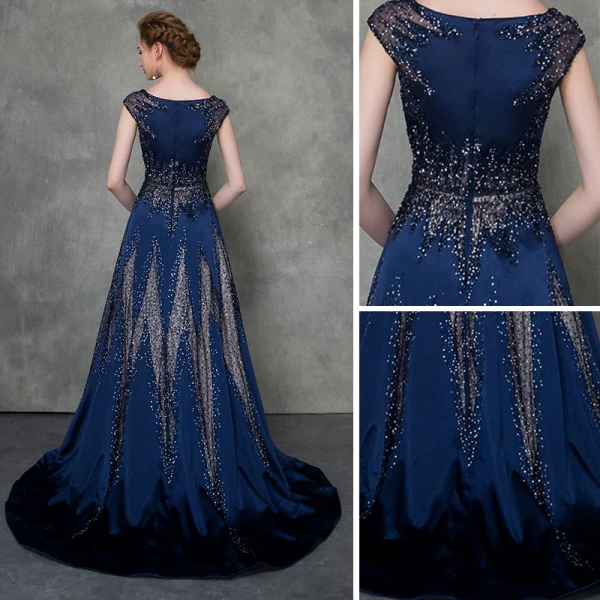 Luxury / Gorgeous Royal Blue Pierced Evening Dresses Detachable With Shawl 2018 A-Line / Princess Scoop Neck Cap Sleeves Glitter Rhinestone Court Train Ruffle Formal Dresses