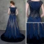 Luxury / Gorgeous Royal Blue Pierced Evening Dresses  Detachable With Shawl 2018 A-Line / Princess Scoop Neck Cap Sleeves Glitter Rhinestone Court Train Ruffle Formal Dresses