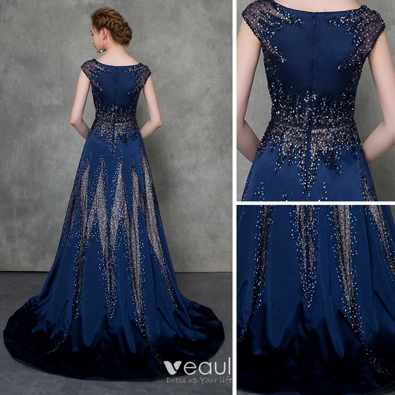 Blue Cap Sleeves Scoop Lace A Line Detachable Train Prom Formal Dress Blue Cap Sleeves Scoop Lace A Line Detachable Train Prom Formal Dress