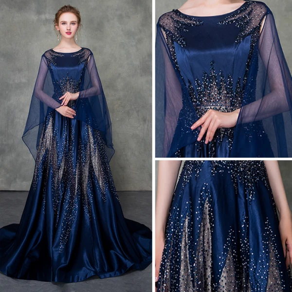 Luxury / Gorgeous Royal Blue Pierced Evening Dresses Detachable With Shawl 2018 A-Line / Princess Scoop Neck Cap Sleeves Glitter Rhinestone Court Train Ruffle Formal Dresses