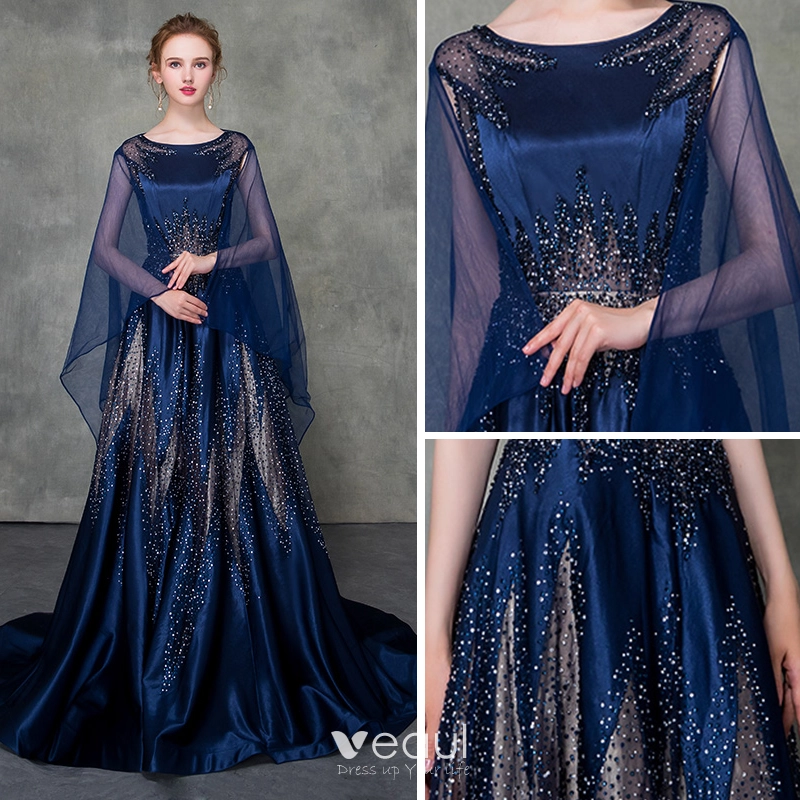 Luxury / Gorgeous Royal Blue Pierced Evening Dresses Detachable With Shawl 2018 A-Line / Princess Scoop Neck Cap Sleeves Glitter Rhinestone Court